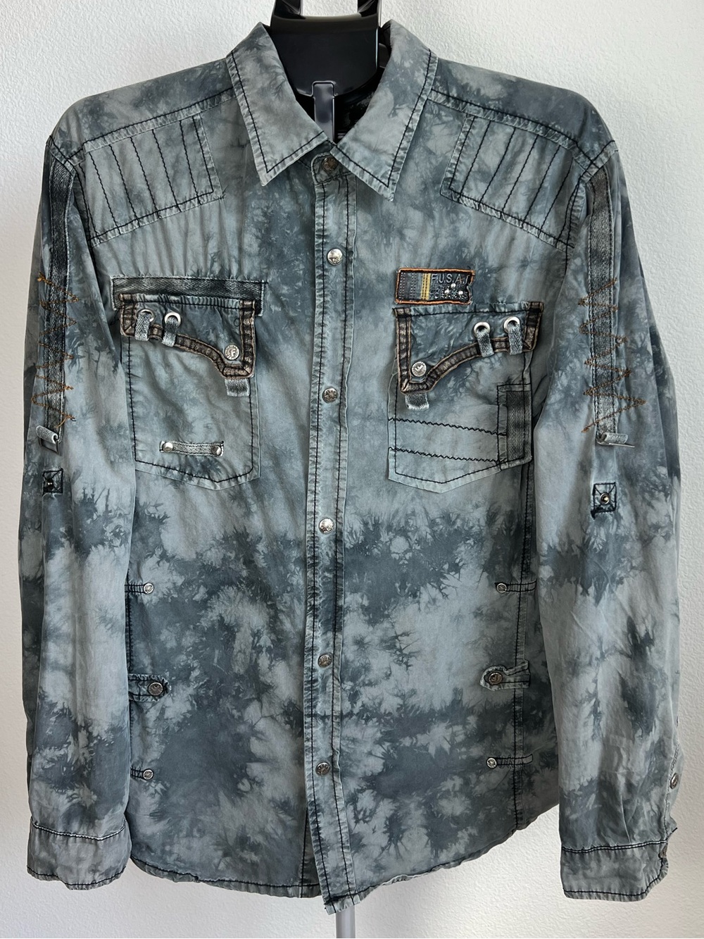 F.U.S.A.I Tie Dye Metal Snap Shirt Large Y2K Grunge Moto Gothic Streetwear